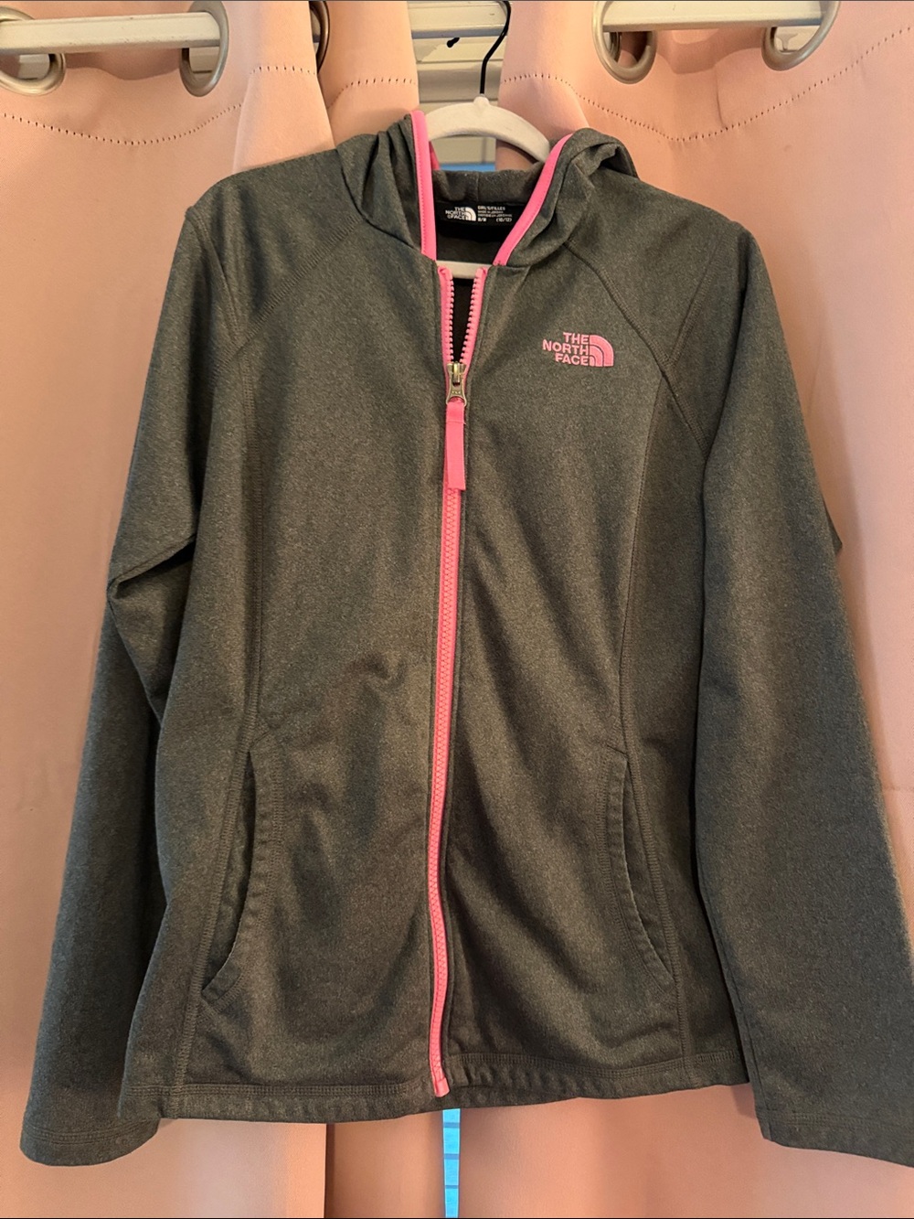 The North Face Charcoal Gray Zip-Up Hoodie with Pink Accents